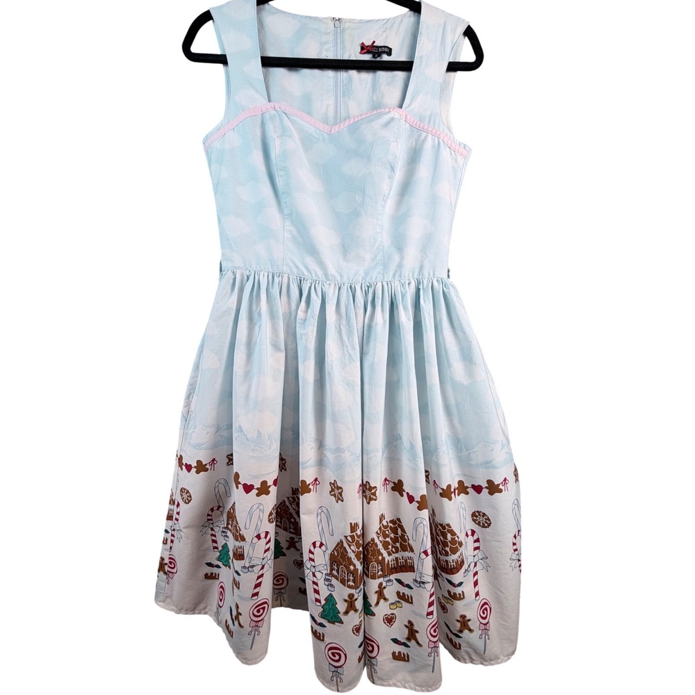 Hell Bunny Blue Gingerbread Candy Cane Print Pinafore Dress Small Pockets